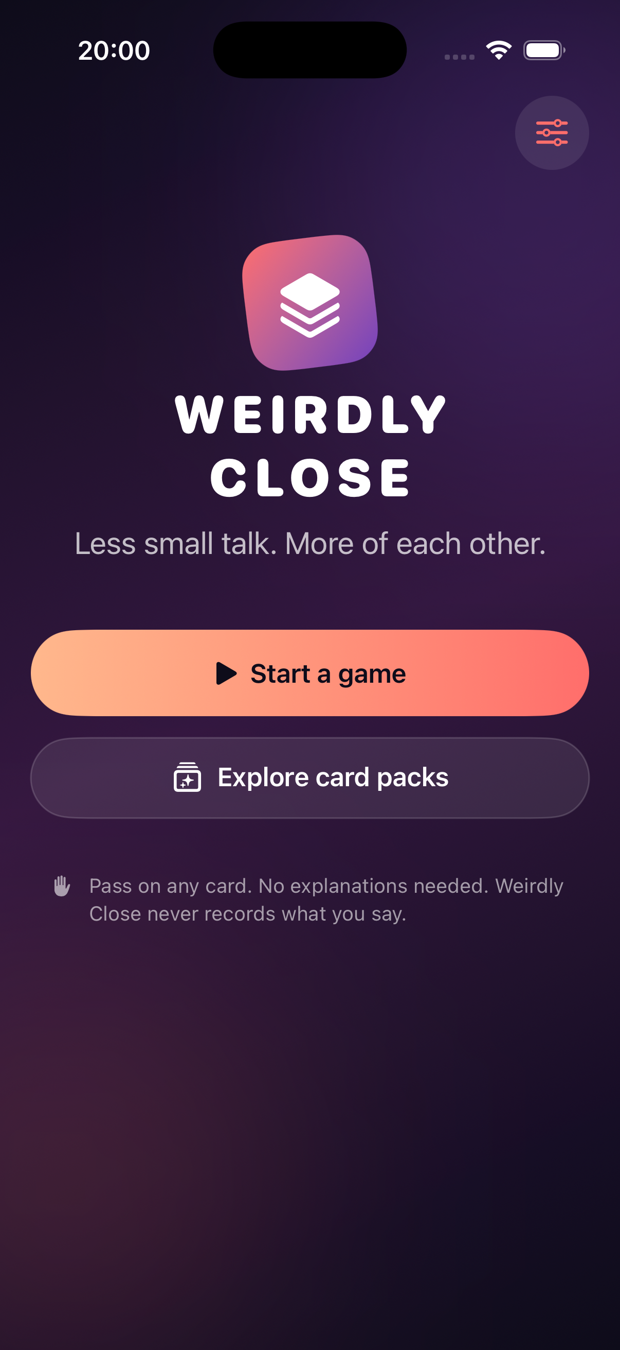 Weirdly Close home screen showing Start a game and Explore card packs